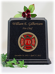 Black Granite Fireman Urn with Gold Lettering