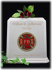 White Granite Fireman Urn with Gold Lettering