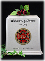 White Granite Fireman Urn with Black Lettering